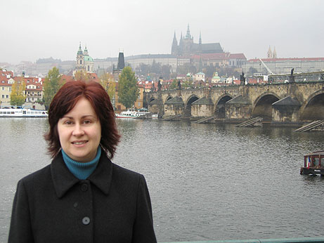 Jill near the Charles Bridge and Vltava river